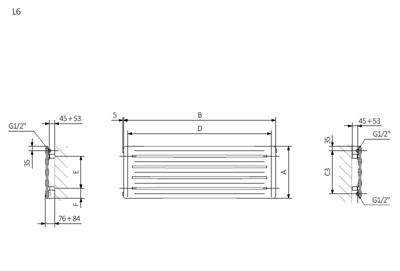 <p>A – wysokość  B – szerokość  C1-C5 – rozstaw podłączeń  D – rozstaw mocowań w poziomie  E – rozstaw mocowań w pionie<br />
 F  –  odległość od dolnej osi mocowań do dolnej krawędzi kolektora</p>

