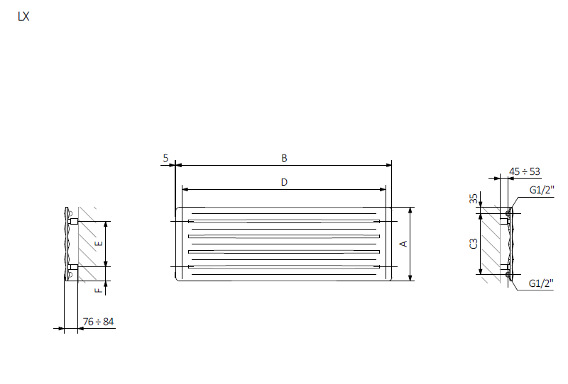 <p>A – wysokość  B – szerokość  C1-C5 – rozstaw podłączeń  D – rozstaw mocowań w poziomie  E – rozstaw mocowań w pionie<br />
 F  –  odległość od dolnej osi mocowań do dolnej krawędzi kolektora</p>
