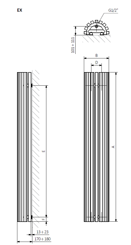A – wysokość  B – szerokość  C1-C5 – rozstaw podłączeń  D – rozstaw mocowań w poziomie  E – rozstaw mocowań w pionie
 F  –  odległość od dolnej osi mocowań do dolnej krawędzi kolektora