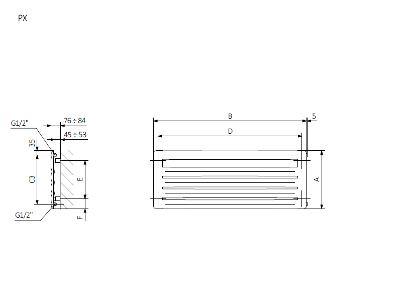 <p>A – wysokość  B – szerokość  C1-C5 – rozstaw podłączeń  D – rozstaw mocowań w poziomie  E – rozstaw mocowań w pionie F – odległość od dolnej osi mocowań do dolnej krawędzi kolektora</p>
