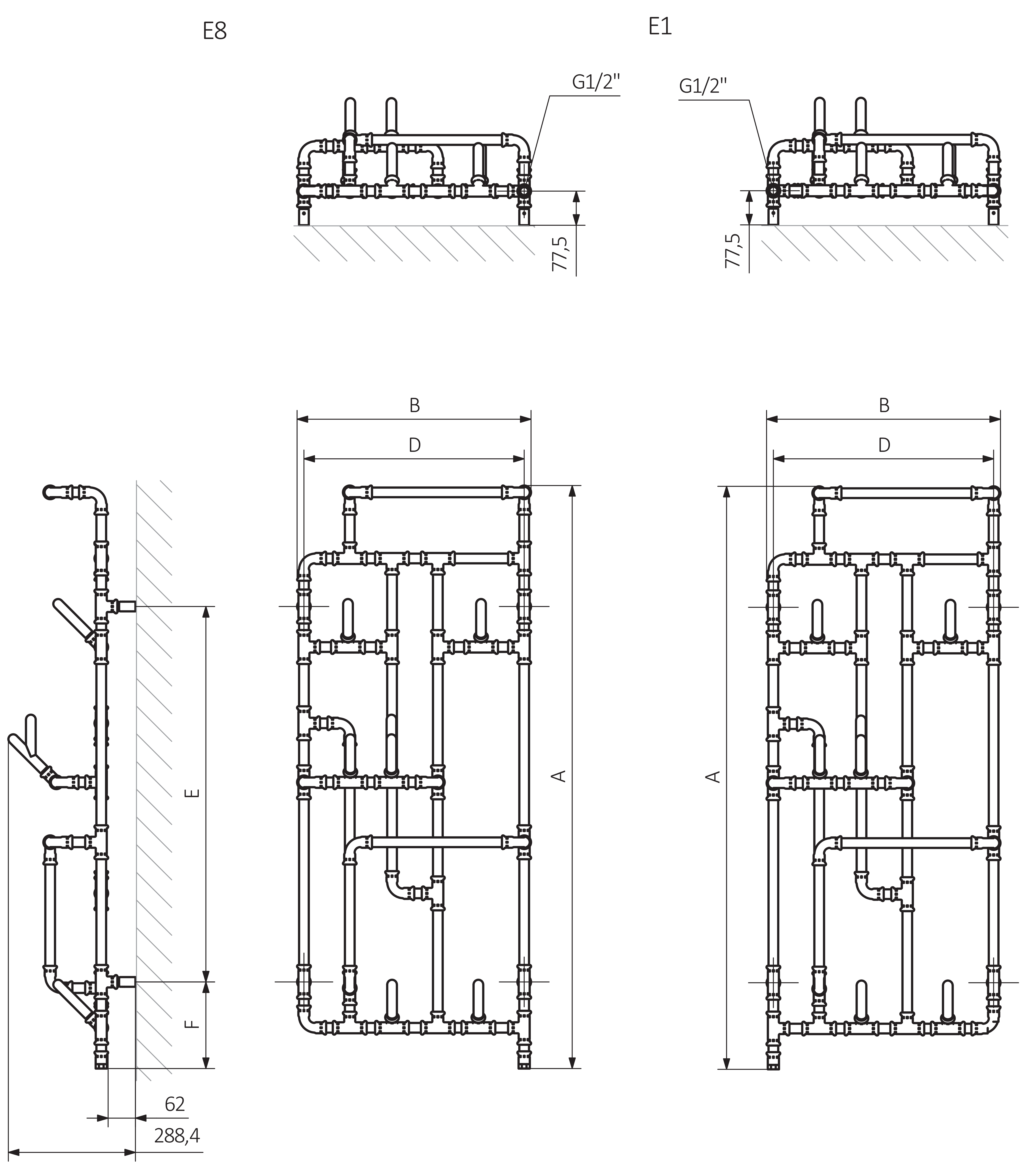 A – wysokość  B – szerokość  C1-C5 – rozstaw podłączeń  D – rozstaw mocowań w poziomie  E – rozstaw mocowań w pionie  F  –  odległość od dolnej osi mocowań do dolnej krawędzi kolektora