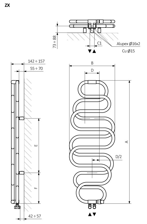 A – wysokość  B – szerokość  C1-C5 – rozstaw podłączeń  D – rozstaw mocowań w poziomie  E – rozstaw mocowań w pionie  F  –  odległość od dolnej osi mocowań do dolnej krawędzi kolektora
