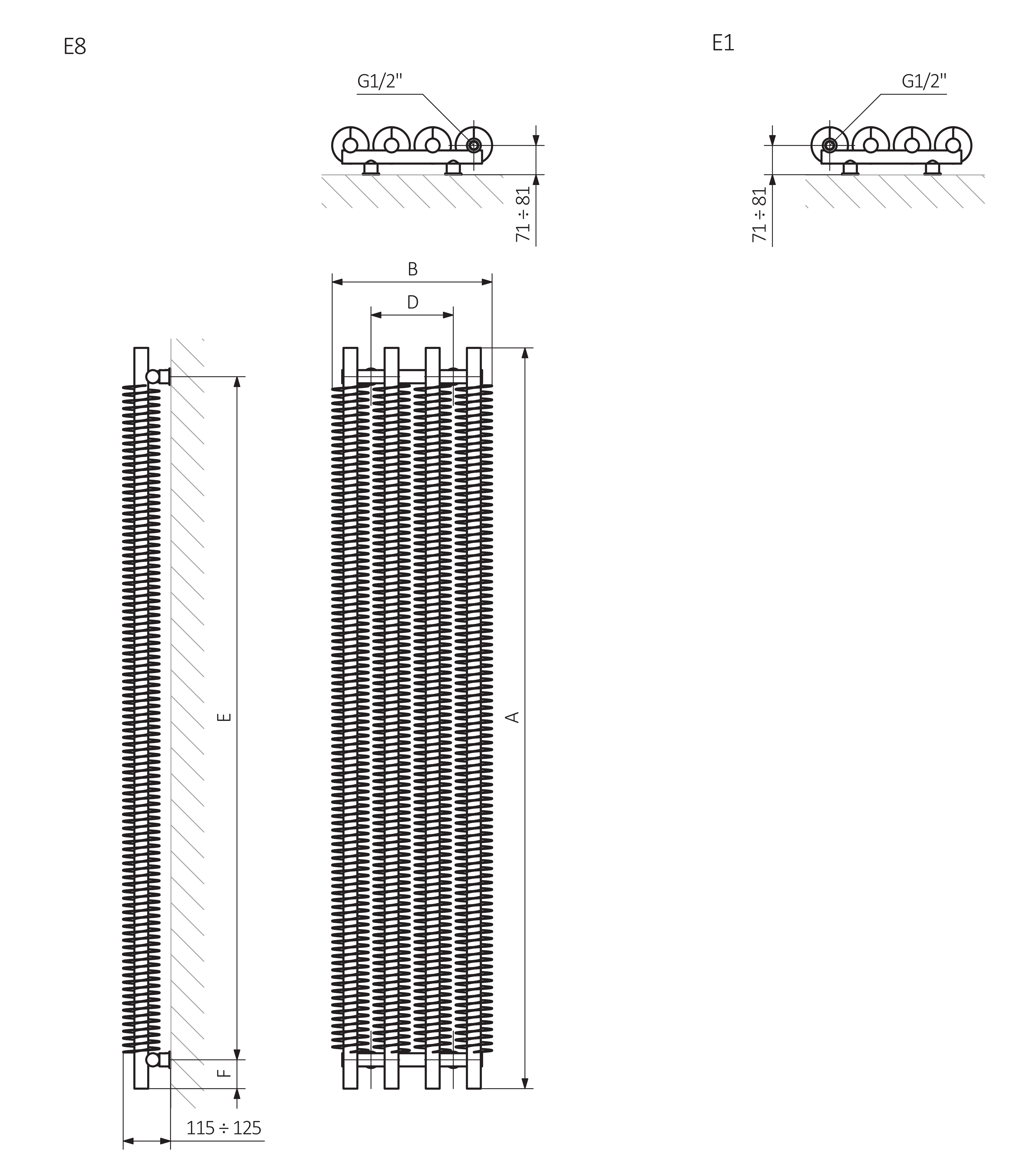 A – wysokość  B – szerokość  C1-C5 – rozstaw podłączeń  D – rozstaw mocowań w poziomie  E – rozstaw mocowań w pionie  F  –  odległość od dolnej osi mocowań do dolnej krawędzi kolektora